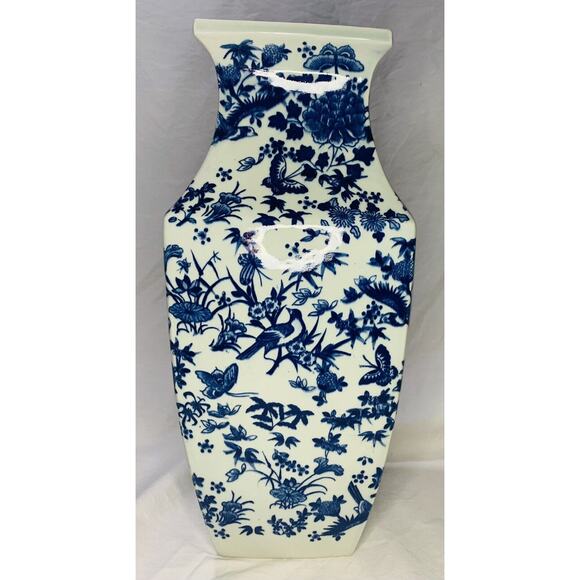 Blue And White Ceramic Vase Large Floral Butterfly Bird Square Tall Chinese - Picture 4 of 7